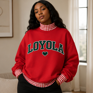 High Quality Customized <b>Women</b> <b>Cream</b> Sweatshirt Contrast Orange Gingham Printed Hem Neckline Arched Varsity Print Fall <b>Fleece</b> - Product Image 3