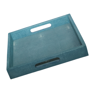 Plateau à thé carré en faux shagreen turquoise de luxe, 0,45x0,45x0,065 mm, pour servir dans les restaurants, les hôtels, les cafés, bords en placage de bois - Product Image 2