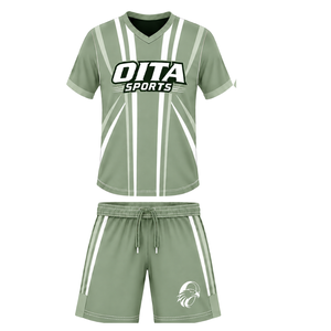 Ensemble short et maillot de rugby vert sauge et blanc, col en V, manches courtes, uniforme d'équipe respirant et léger, kit de sport personnalisé pour l'entraînement - Product Image 1