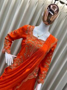 Dernière collection de Kurtis de créateur orange prêts à porter, brodés, à séchage rapide, longueur ras du sol, coupe classique, en tissu Banarasi de qualité supérieure, pour Diwali et mariages - Product Image 6