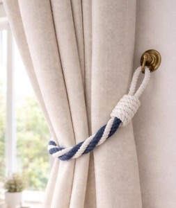 Navy-White Rope Curtain <b>Tieback</b> – Slim Braided Cotton & Jute Holder - Product Image 3