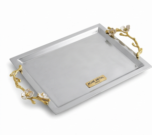 Plateau de service en métal ACME de qualité supérieure, argenté, avec poignée florale en métal poli, style minimaliste, pour usage résidentiel, événements de mariage, restaurants - Product Image 1
