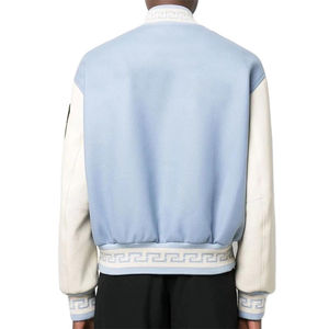 <b>Men's</b> Light Blue Varsity <b>Jacket</b> With White Letter V Embroidery And Greek Key Trim Preppy Style Autumn Wear - Product Image 2
