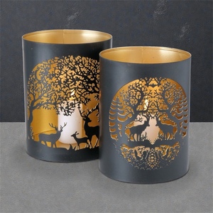 Black Steel Cylinder <b>Candle</b> <b>Lanterns</b> With Golden Deer And Tree Die Cut Design For Christmas Home Decoration - Product Image 1