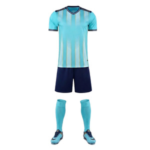 Custom Sublimation Soccer Uniform Set <b>Light</b> Blue Navy Striped V-<b>Neck</b> Short Sleeve Men Team Kit All Seasons Breathable Polyester - Product Image 3