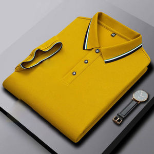 Men's Navy <b>Blue</b> Short Sleeve <b>Polo</b> <b>Shirt</b> Knitted Cotton Solid Color Casual Breathable Design with Contrast Trim Collar - Product Image 4