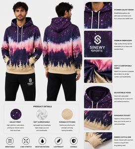เสื้อฮู้ดดี้พิมพ์ลายกาแล็กซี่สำหรับผู้ชายจาก SINEWY SPORTS ทรงปกติ ระบายอากาศได้ดี ผลิตจากโพลีเอสเตอร์ เหมาะสำหรับใส่ลำลอง มีกระเป๋าแบบจิงโจ้ และสามารถปรับได้ - Product Image 1