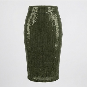 Jupe crayon taille haute pour femme, ornée de paillettes, longueur genou, vert olive uni, style élégant en velours côtelé, pour toutes les saisons - Product Image 1