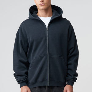 Sudadera con capucha y cremallera para hombre, oversize, de algodón negro liso, tejida, casual, transpirable, de manga larga, con bolsillo, para otoño - Product Image 4