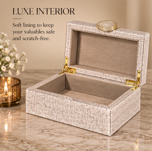 Boîte de rangement pour bijoux en verre beige lin avec accent en pierre naturelle, bordure dorée, finition brillante, doublure douce, organisateur décoratif pour souvenirs - Product Image 4