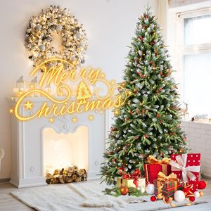 Árbol de Navidad Artificial Preiluminado de 8 pies con Puntas Nevadas, 600 Luces, Piñas Predecoradas, Bayas Rojas, Ramas de PE 2851 - Product Image 6