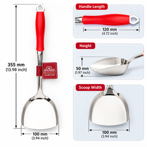 Espátula Profesional para Wok JAYA MATA JM190 de Acero Inoxidable, Pala Ancha para Cocinar con Mango Rojo de ABS, 355 mm - Product Image 5