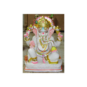 Statue de Shri Ganesh Ji en marbre de Makrana, blanc pur, étoile brillante, position assise avec main de bénédiction pour la prière à la maison - Product Image 3