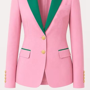 Blazer Rosa para Mujer con Solapa Verde y Botones Dorados, Manga Larga, Color Sólido, Cuello de Solapa, Cierre de un Solo Botón, Lana y Poliéster - Product Image 3