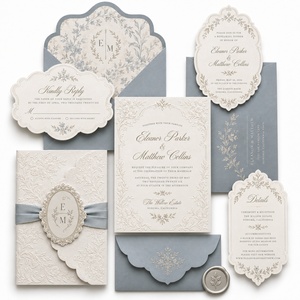 Ensemble de cartes de mariage de luxe en relief floral, décoré de pompons, blanc crème, papeterie de mariage, logo personnalisé, imprimé en typographie, peint à la main - Product Image 1