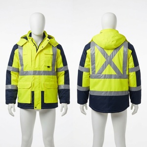 เสื้อแจ็คเก็ตผ้าแคนวาสโพลีเอสเตอร์ 300D พรีเมียม สีเหลืองกรมท่า สะท้อนแสงแบบ Hi-Vis มีฮู้ด สำหรับงานอุตสาหกรรม  รับสกรีนโลโก้ด้านหน้า 180 GSM - Product Image 1