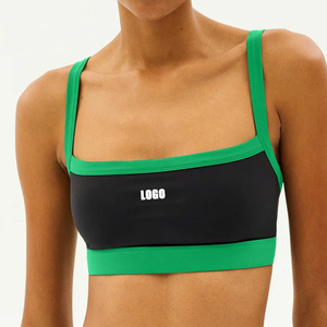 Sujetador deportivo de tirantes finos con cuello cuadrado y ribete en contraste negro y verde para mujer, soporte medio, transpirable, ropa deportiva activa - Product Image 4