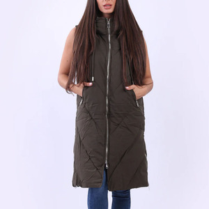 Gilet long matelassé vert olive sans manches pour femme, col roulé, fermeture éclair, manteau d'hiver épais en polyester rembourré - Product Image 1