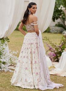 Embroidered Floral Silk Maxi Lehenga Set Dupatta off Shoulder <b>Bride</b> Party Evening Dress with Empire Waist for Wedding - Product Image 3