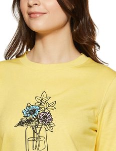 <b>Women's</b> <b>Yellow</b> Crewneck Sweatshirt With Floral Embroidery Front Print Long Sleeve Casual Wear 100% Cotton Knitted Spring Style - Product Image 5