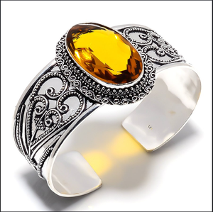 Natural Citrine Gemstone Tibetan Silver Plated Vintage Style Fine Handmade Unisex Anniversary Bangle Jewelry - Product Image 3