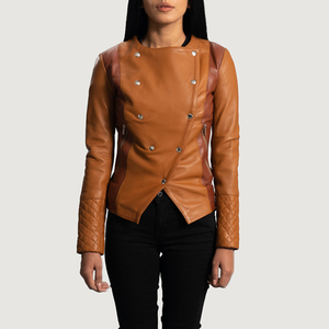 Women's Brown Genuine Leather Asymmetric Motorcycle Jacket Full Sleeve <b>Quilted</b> Double Breasted Autumn Style Regular Fit - Product Image 4