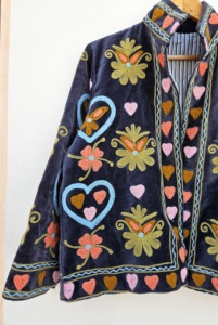 Breathable 100% Velvet Suzani Embroidered Floral Printed Jacket <b>Covered</b> <b>Button</b> Closure Full Sleeve for Women's Spring Autumn - Product Image 4