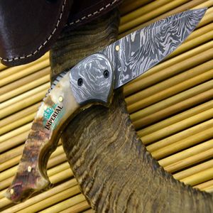 Cuchillo de caza de acero de Damasco con hoja de punta caída y mango de hueso, con perilla de apertura para el pulgar, para uso en camping y actividades al aire libre. - Product Image 2