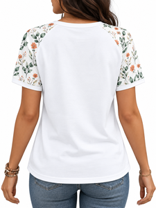 Camiseta de Manga Corta para Mujer, Cuello Redondo, Diseño Floral Blanco, Dobladillo Curvo - Product Image 2