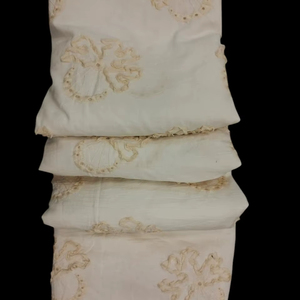 High Quality Premium <b>White</b> Cotton Fabric with Beige Fabric <b>Taping</b> & Eyelet Embroidery - 3D Textured Floral Motif Material - Product Image 1
