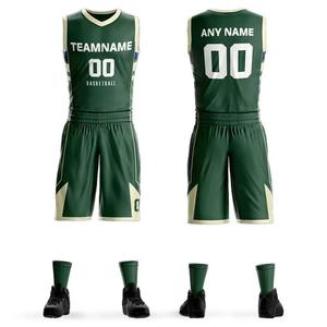 Ensemble d'uniformes de basketball personnalisés sublimés, maillot sans manches en mesh à col en V, short vert respirant, nom de l'équipe - Product Image 1