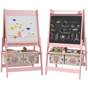 Cavalletto artistico in metallo per bambini con rotolo di carta, lavagna bianca e lavagna nera, contenitore rosa - Product Image 1