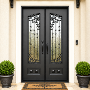 Portes en fer forgé modernes, portes d'entrée extérieures personnalisées à double battant avec verre, portes de sécurité de luxe pour villas et maisons résidentielles - Product Image 3