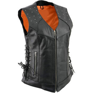 Samroz Sports Women's Classic Black Leather V-Neck <b>Riveted</b> Motorcycle Rider Vest with Side Lace - Product Image 1