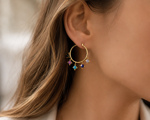 Boucles d'oreilles créoles plaquées or 18 carats style bohème avec breloques multi-pierres et motif œil porte-bonheur pour femme, thème judaïsme - Product Image 2
