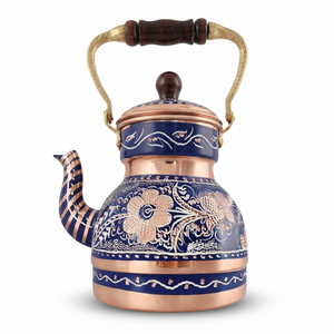 Tetera de Cobre Esmaltada Azul Hecha a Mano, Tetera Turca Vintage con Grabado Floral, Tetera con Asa de Madera, Hervidor de Agua para Estufa - Product Image 1