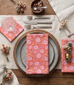Wholesale Handmade Hand Block Print 100% Cotton Square Napkin Floral Orange <b>Pink</b> Reusable Soft <b>Table</b> Linen Wedding Party - Product Image 1