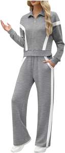 Conjunto Deportivo Gris a Rayas para Mujer, 2 Piezas, Chaqueta con Cierre y Pantalones Anchos, Ropa Deportiva Casual de Moda - Product Image 3