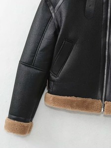 Blouson bomber en cuir PU noir pour homme avec doublure en fausse fourrure, fermeture éclair, coupe-vent, style motard, manteau d'hiver - Product Image 3