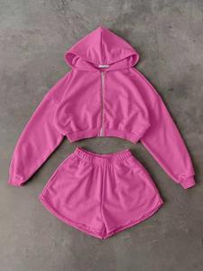 Latest Wholesale High Quality Custom Made Womens Cotton Spandex Casual Solid Breathable Crop Hoodie Shorts <b>Set</b> Zip for Wear - Product Image 3