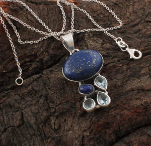 Collier vintage unisexe rétro en argent sterling 925 plaqué platine avec sertissage en lapis-lazuli naturel - Product Image 1