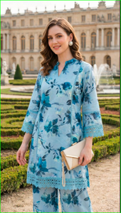 Conjunto coordinado de algodón azul polvo con estampado floral Schiffli - Product Image 6