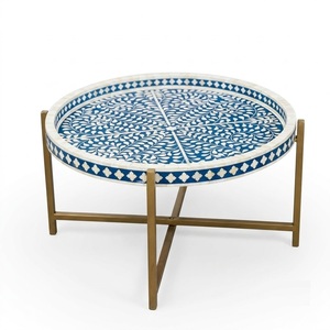 Table basse ronde en os incrusté, motif marocain fait main, table centrale avec base en laiton sur mesure, meubles en os de chameau incrusté, en promotion - Product Image 4