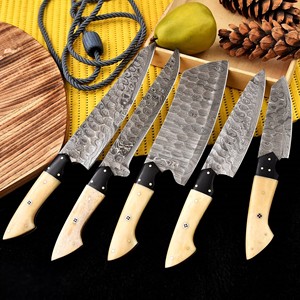 Custom Handmade Five-Piece Chef <b>Set</b> Ambidextrous Straight Edge <b>Sharp</b> Blades 33-Layer Damascus Steel Durable Bone Handle Leather - Product Image 5