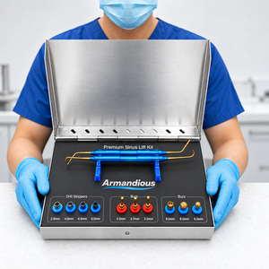 Kit complet d'instruments pour sinus lift en implantologie dentaire, 12 pièces : Osteotomes, Élévateurs, Forets osseux, Stoppers de profondeur, dans un étui métallique - Product Image 2