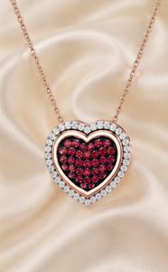 925 Sterling Silver <b>Double</b> Heart Pendant <b>Necklace</b> with Rhodium & Rose Gold Plating and Red Cubic Zirconia Stones - Product Image 2