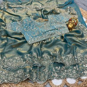 Sari Tradicional Indio de Seda Satinada con Bordado y Trabajo con Hilos Zari para Mujer, Traje Elegante para Bodas y Fiestas - Product Image 5