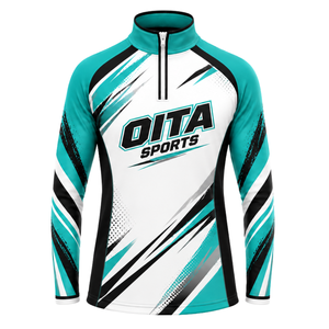 Veste de sport à col zippé turquoise, blanc et noir, à manches longues, pour l'entraînement athlétique et la course, performance optimale, vêtement de sport personnalisé, fermeture frontale. - Product Image 1