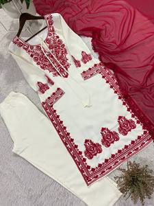 Conjunto de Kurta de Seda Romana al por Mayor con Pantalones Bordados y Dupatta de Georgette con Borde de Encaje, Ropa Tradicional India - Product Image 5