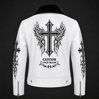 Blouson bomber en cuir blanc personnalisé avec col en fourrure noire, imprimé graphique croix gothique, fermeture éclair, unisexe